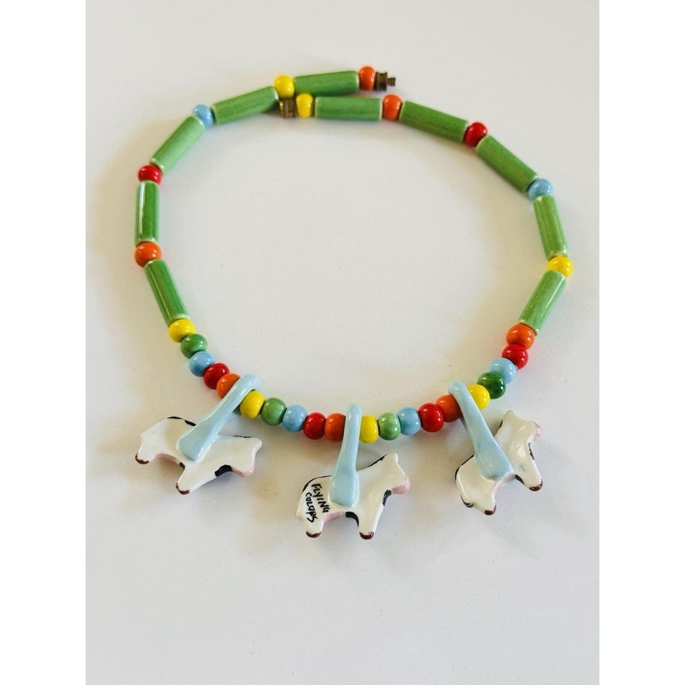 Flying Colors Signed Cow NECKLACE Ranch Western CERAMIC VTG Colorful Statement - Picture 5 of 7